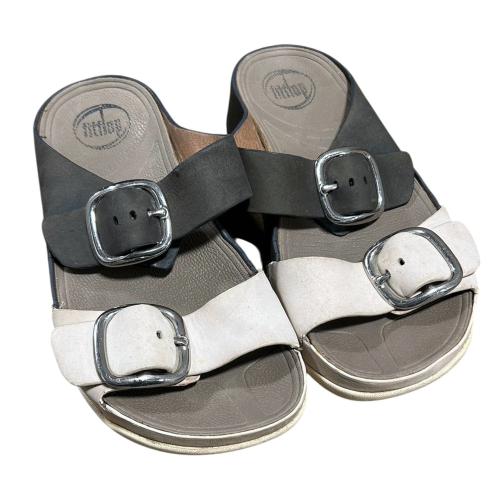 FitFlop Women 6 Two-Strap Buckle Slide Sandals Grey Cream White Colorblock - Picture 2 of 6